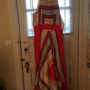 Red/orange and navy patterned long dress. Size 16.